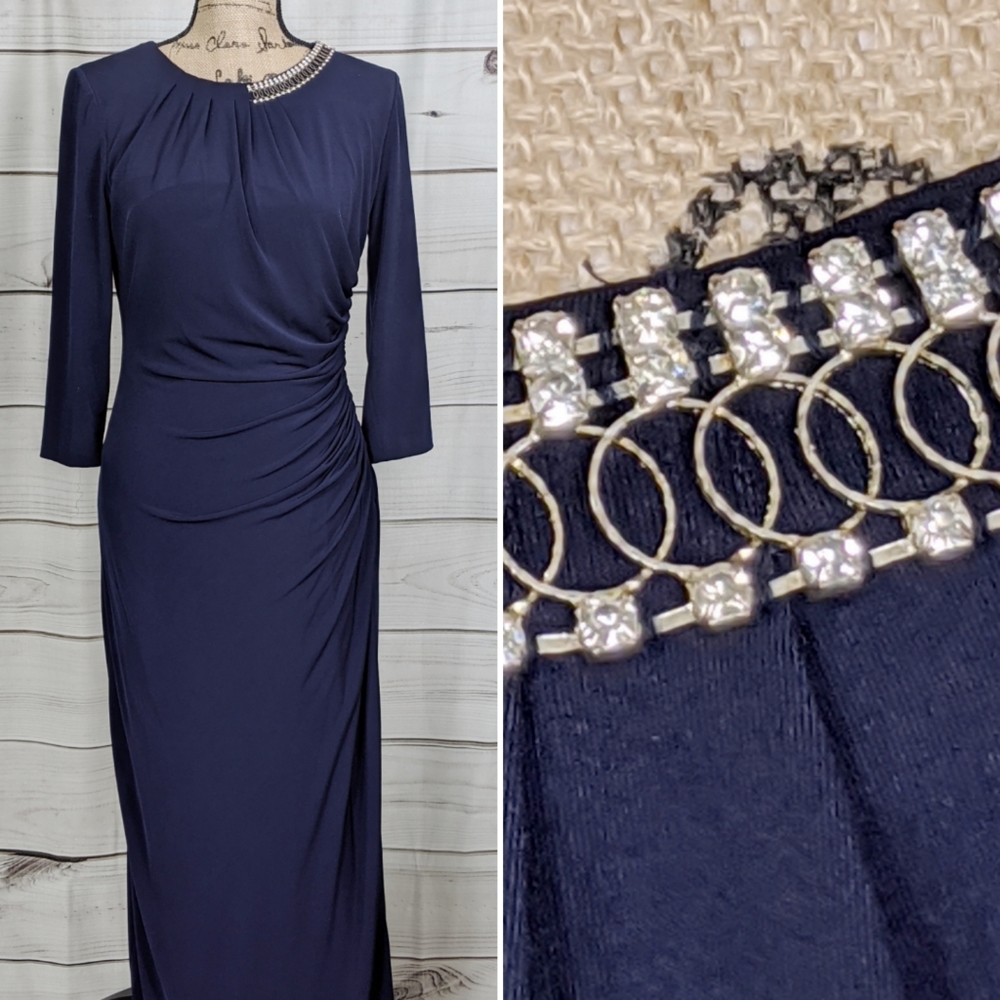 TAHARI ARTHUR LEVINE Navy Rhinestone Evening Gown